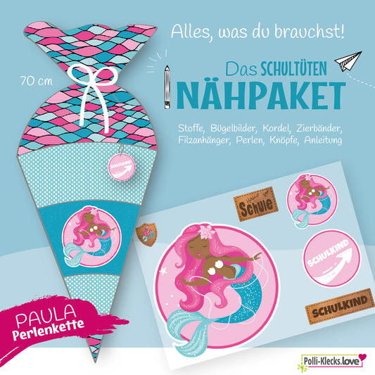 Paula Perlenkette bezaubert auch deinen Start in die Schule. Sie hat funkelnde Perlen, die sie bestimmt mit Dir zur Einschulung teilen wird. Du kaufst hier ein Nähpaket für eine 70 cm "Paula Perlenkette"-Schultütenhülle (ohne Papprohling) in Türkis.