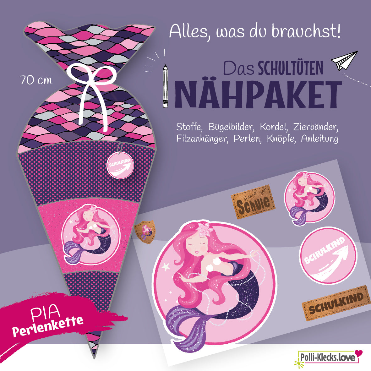 Pia Perlenkette ist eine kleine, freche Meerjungfrau und freut sich schon auf den Besuch in deiner neuen Schule. Sie hat funkelnde Perlen, die sie bestimmt mit Dir zur Einschulung teilen wird. Du kaufst hier ein Nähpaket für eine 70 cm "Pia Perlenkette"-Schultütenhülle (ohne Papprohling) in Lila.