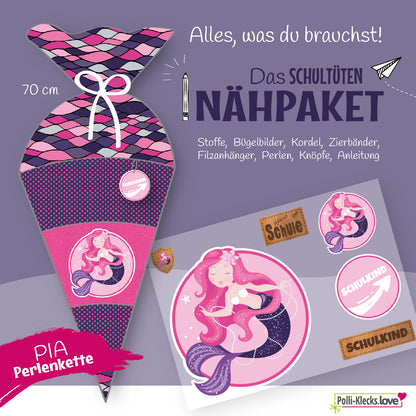 Pia Perlenkette ist eine kleine, freche Meerjungfrau und freut sich schon auf den Besuch in deiner neuen Schule. Sie hat funkelnde Perlen, die sie bestimmt mit Dir zur Einschulung teilen wird. Du kaufst hier ein Nähpaket für eine 70 cm "Pia Perlenkette"-Schultütenhülle (ohne Papprohling) in Lila.