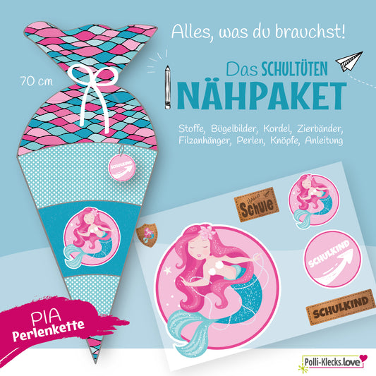Die entzückende Meerjungfrau Pia Perlenkette schwimmt mit Dir in den Schulanfang an deiner neuen Schule. Sie hat funkelnde Perlen, die sie bestimmt mit Dir zur Einschulung teilen wird. Du kaufst hier ein Nähpaket für eine 70 cm "Pia Perlenkette"-Schultütenhülle (ohne Papprohling) in Türkis.